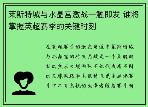 莱斯特城与水晶宫激战一触即发 谁将掌握英超赛季的关键时刻