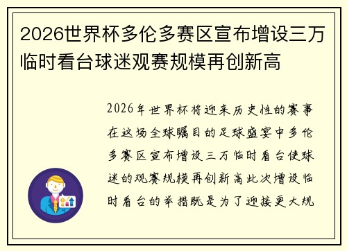 2026世界杯多伦多赛区宣布增设三万临时看台球迷观赛规模再创新高 2026世界杯多伦多赛区宣布增设三万临时看台球迷观赛规模再创新高