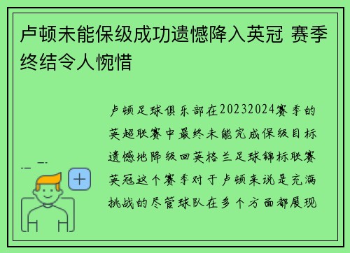 卢顿未能保级成功遗憾降入英冠 赛季终结令人惋惜 卢顿未能保级成功遗憾降入英冠 赛季终结令人惋惜