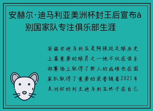 安赫尔·迪马利亚美洲杯封王后宣布告别国家队专注俱乐部生涯