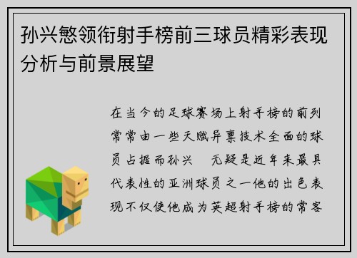孙兴慜领衔射手榜前三球员精彩表现分析与前景展望